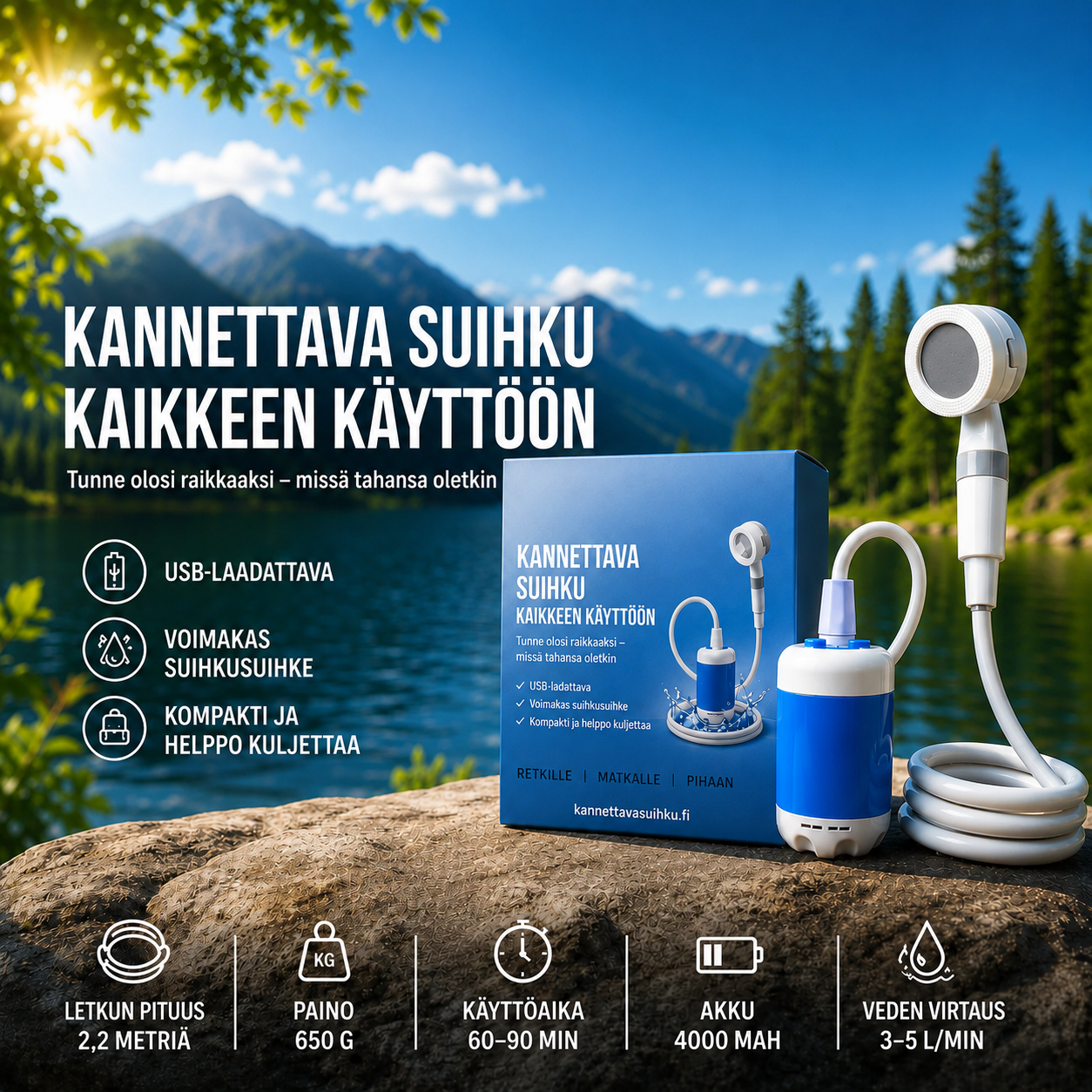 FlowGo – Kannettava vesipumppu letkulla ja suihkusetillä
